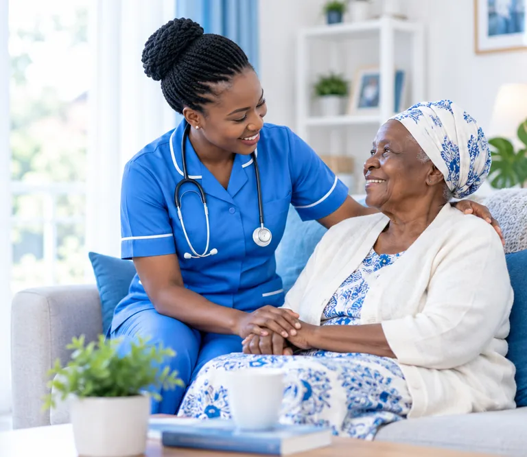 A nurse sitting beside an older woman in a bright home
